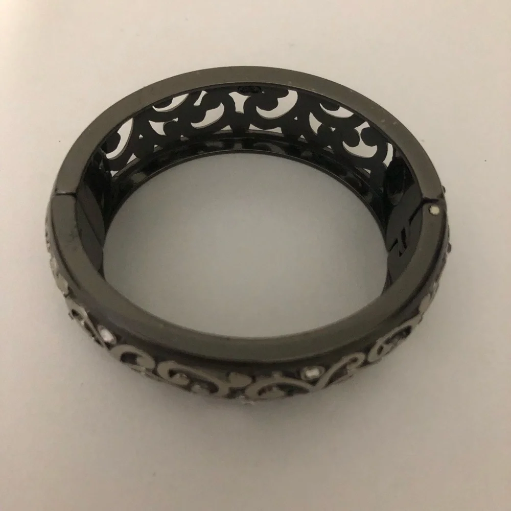 Brighton Contempo Gunmetal Filigree Crystal Accent Hinged Bangle Bracelet